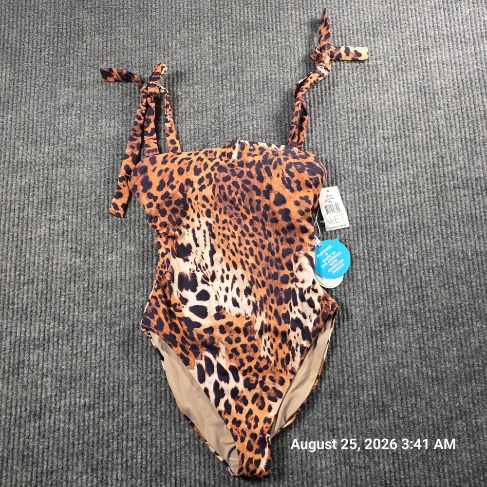 WET Swimwear Leopard Print One Piece Swimsuit Tie Shoulder XS New K4384